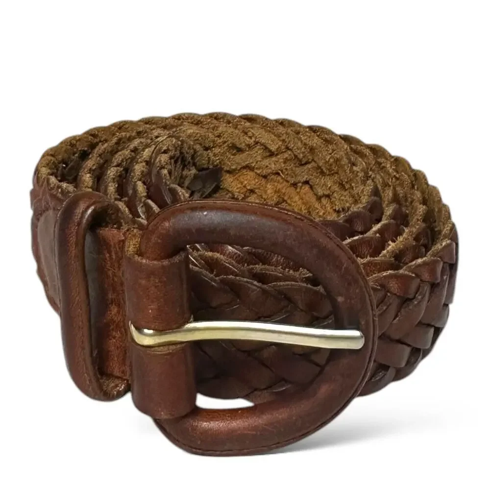 Vintage Braided Leather Belt Brown Leather Buckle Oil Tanned Cowhide Mens 38-95